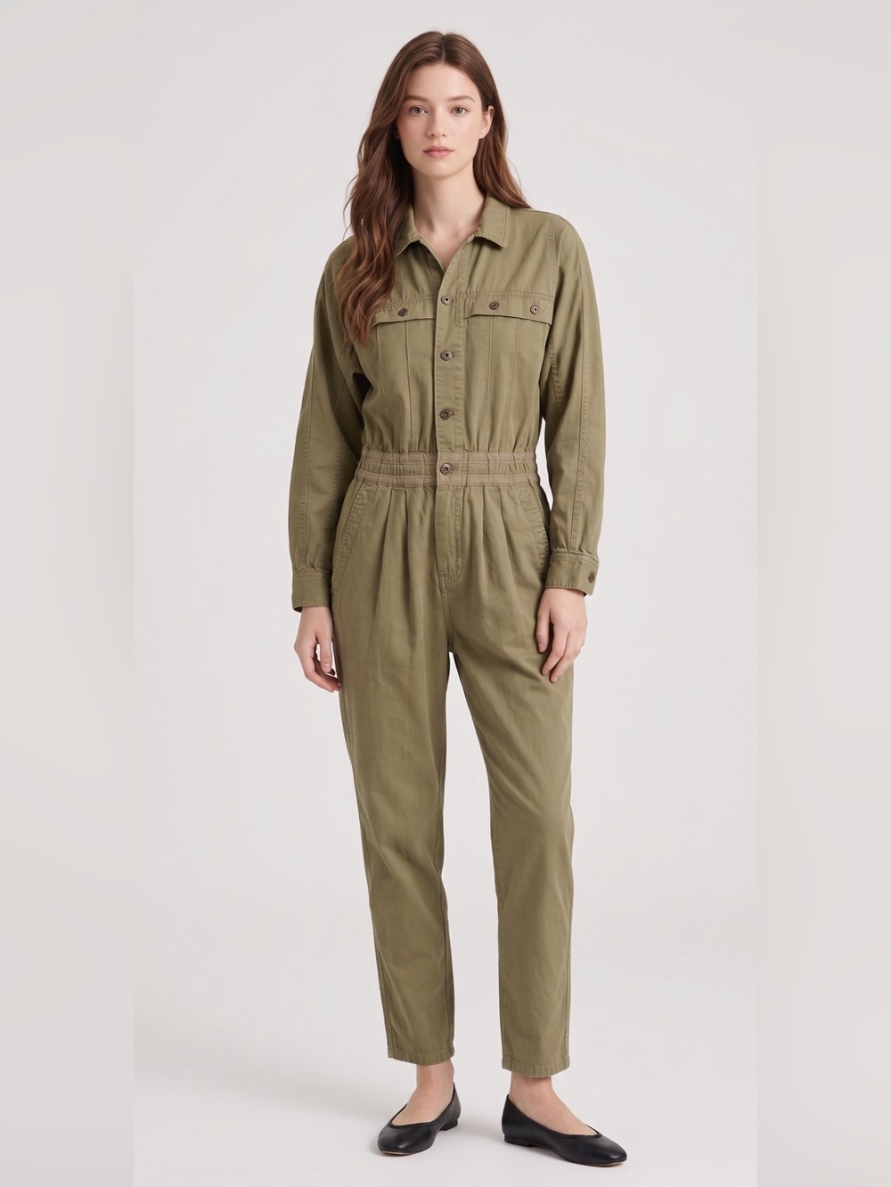 Vintage 90s Liz Wear Utility Olive Green Long-Sleeve Jumpsuit. Safari. Casual. 4